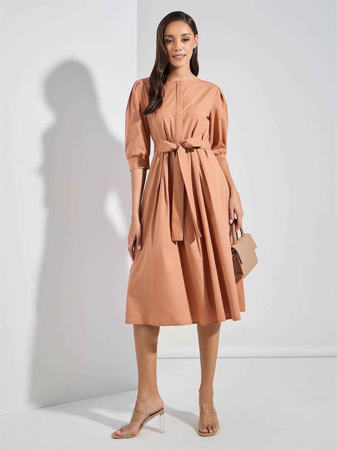 

Styli Boat Neck Puff Sleeves Pleated Cotton A-Line Midi Dress, Brown