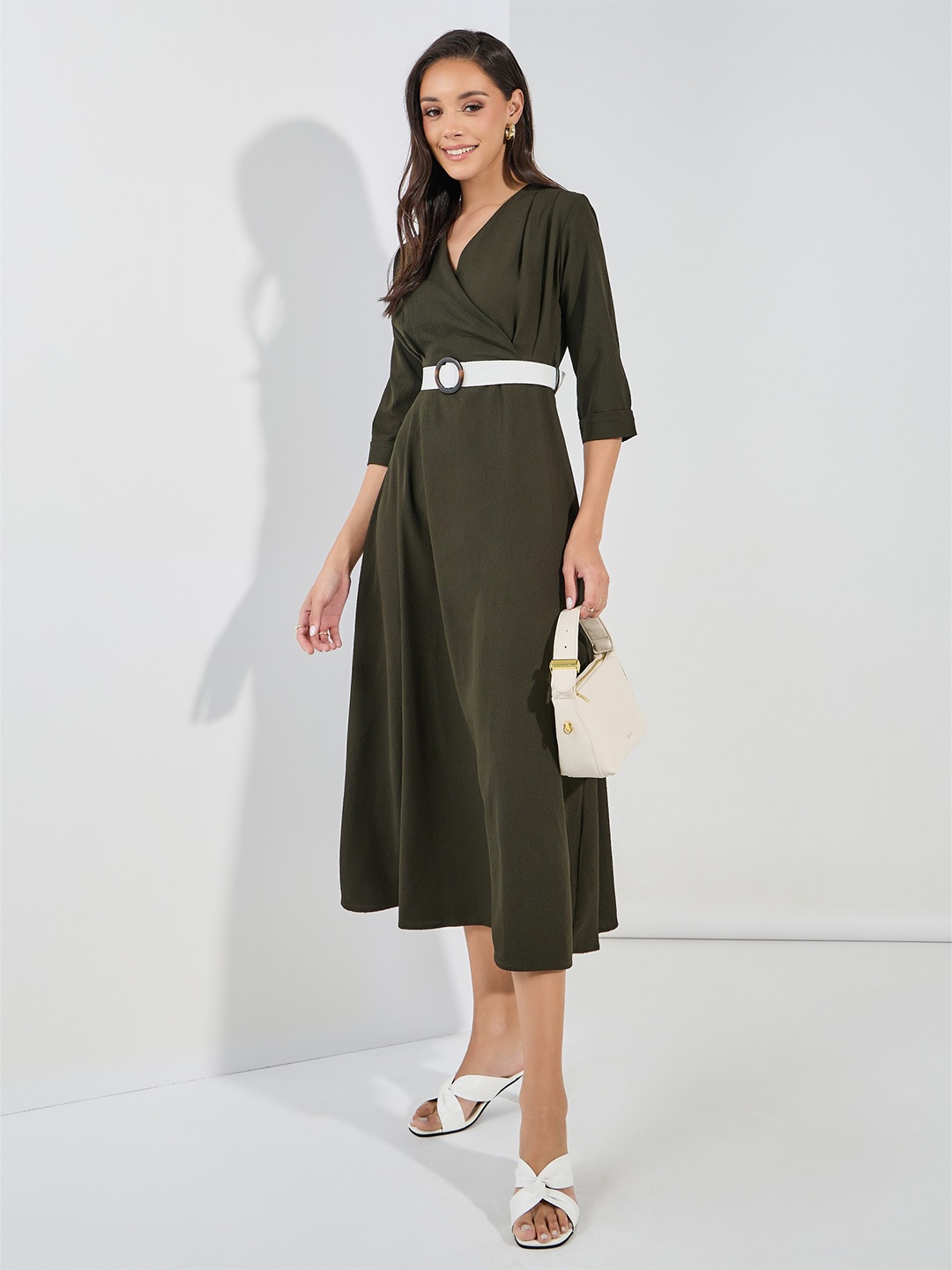 

Styli Solid Wrap Maxi Dress with Belt, Olive