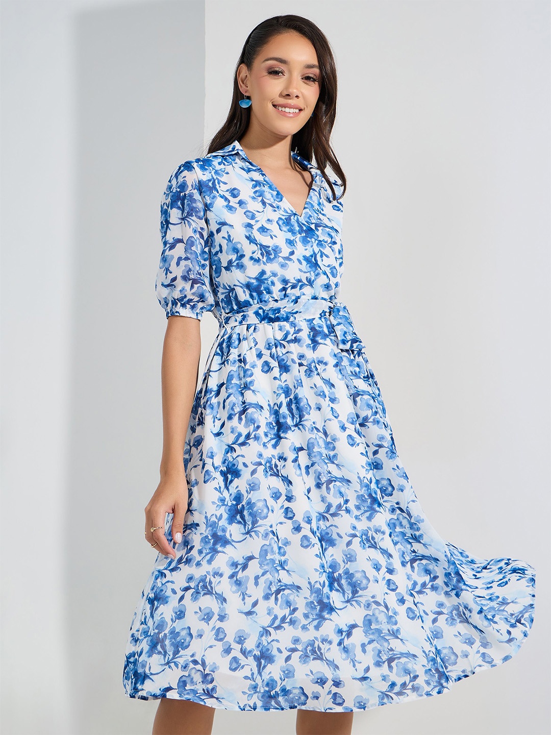 

Styli Shirt Collar Gathered Wrap Floral Midi Dress, Blue