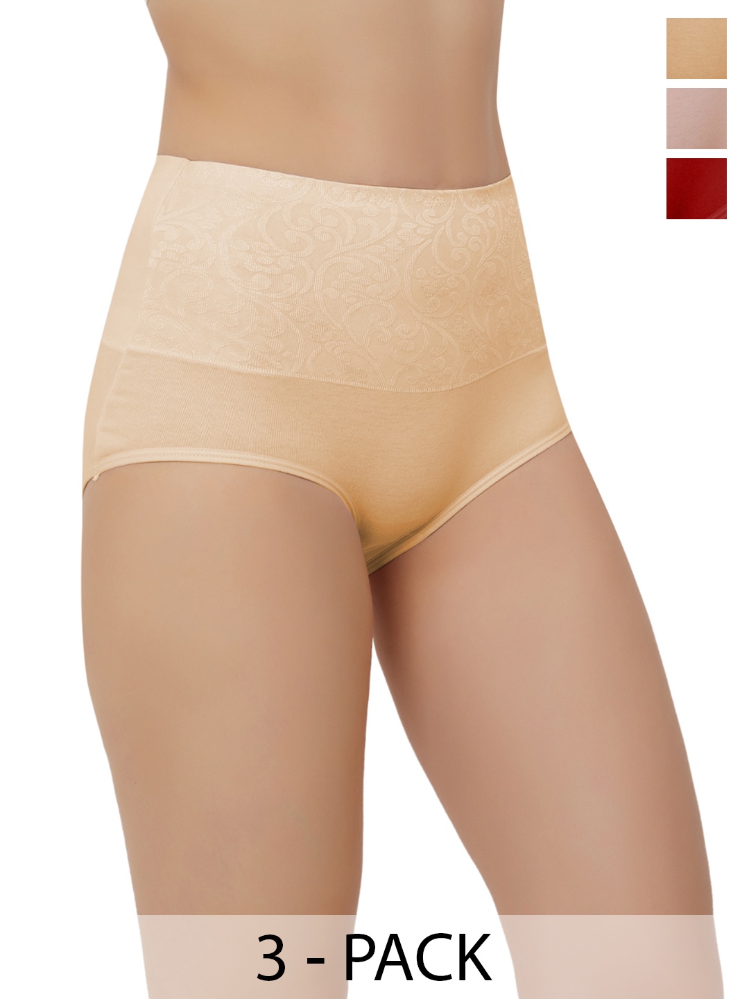 

Bella Voste Pack Of 3 Self Design High-Rise Anti Bacterial Tummy Control Hipster Briefs, Beige