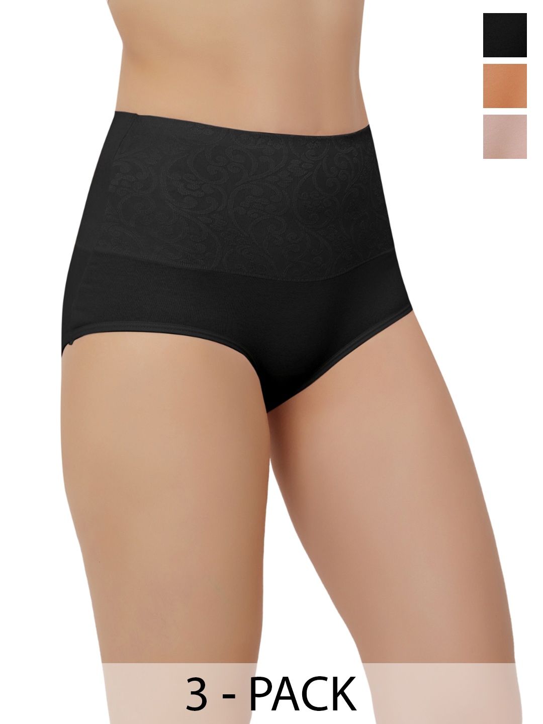 

Bella Voste Pack Of 3 Self Design High-Rise Anti Bacterial Tummy Control Hipster Briefs, Black
