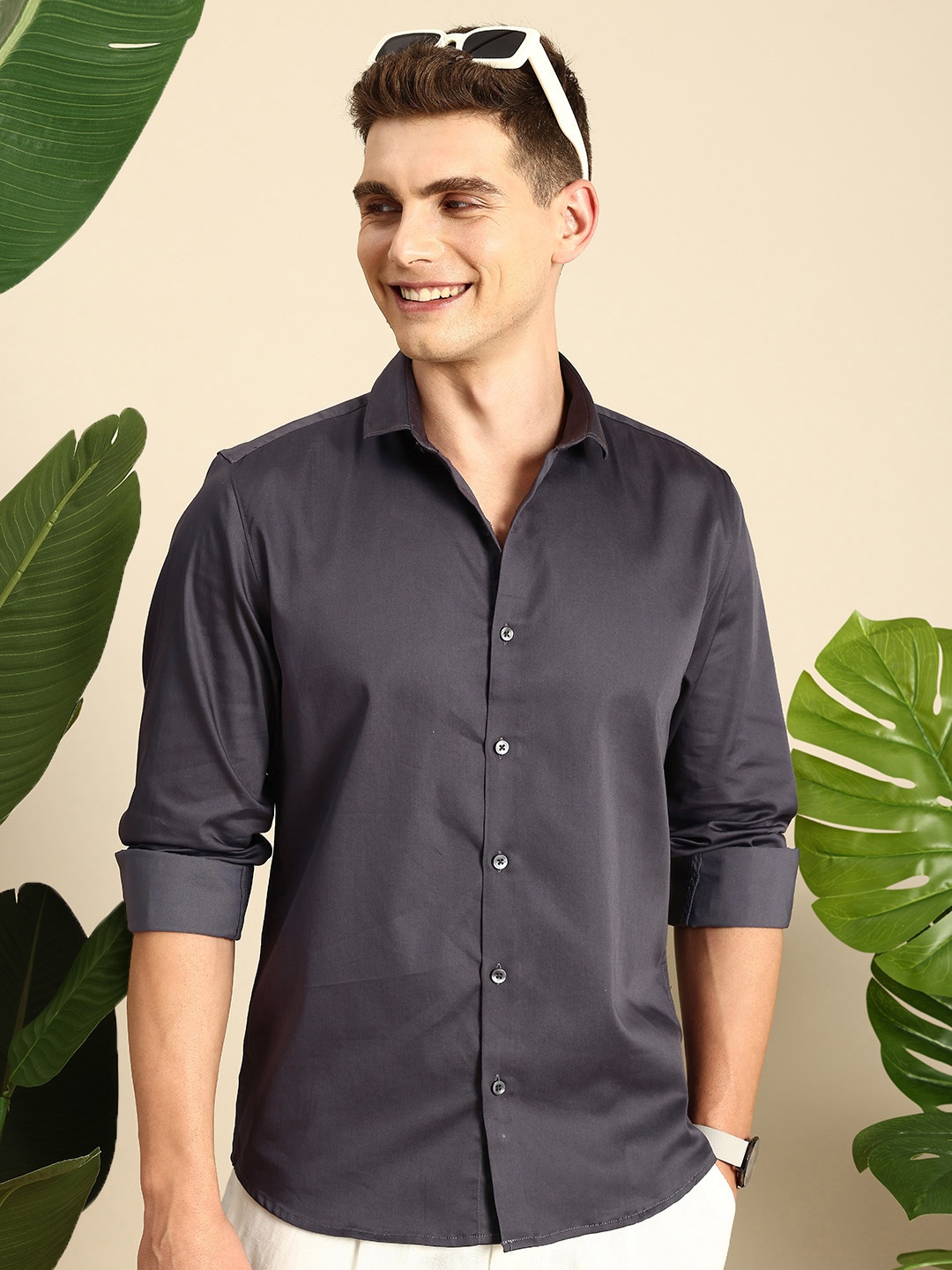 

Mast & Harbour Men Satin Casual Shirt, Charcoal