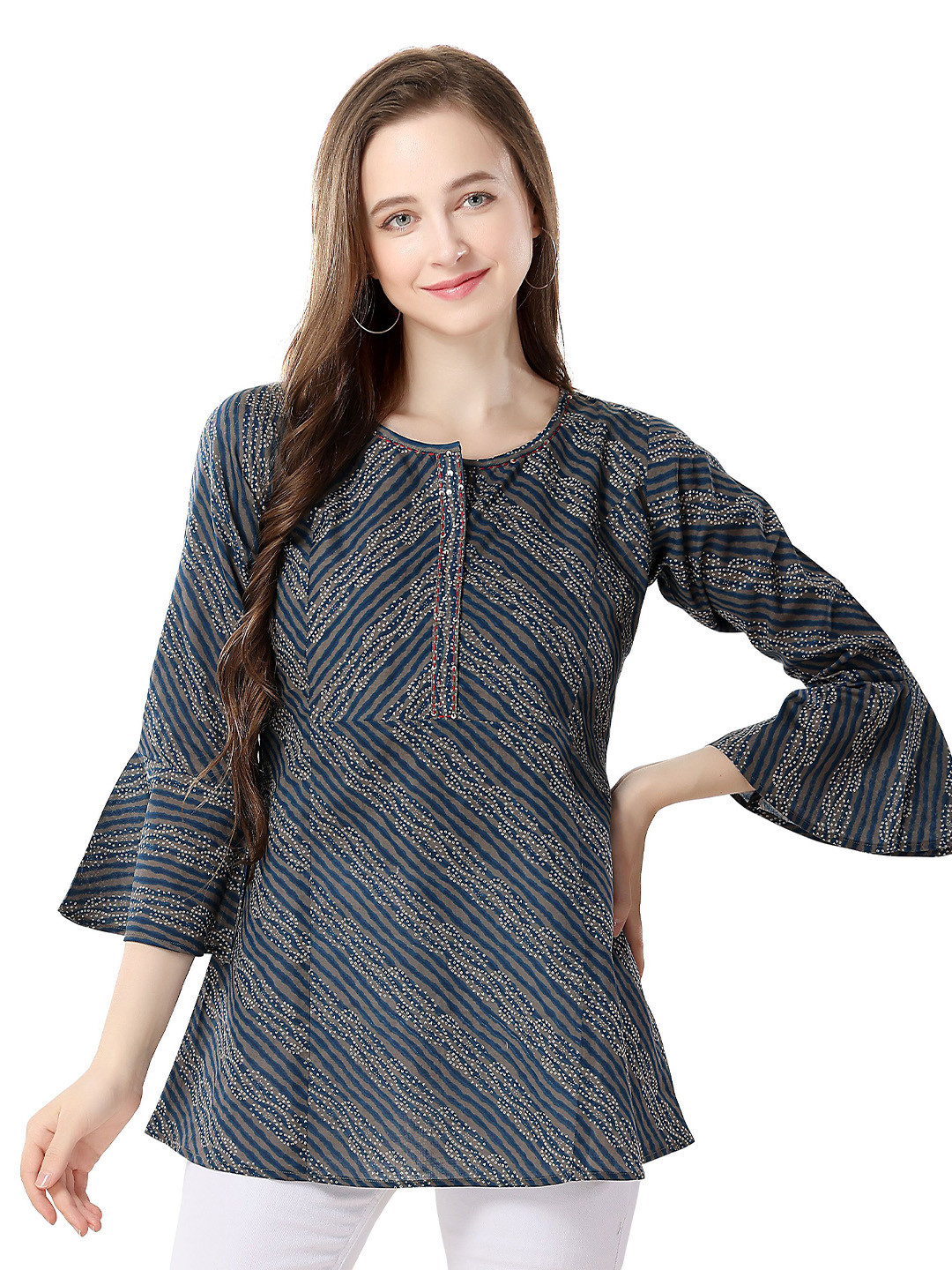 

keshubaba Printed Bell Sleeves Cotton Tunic, Navy blue