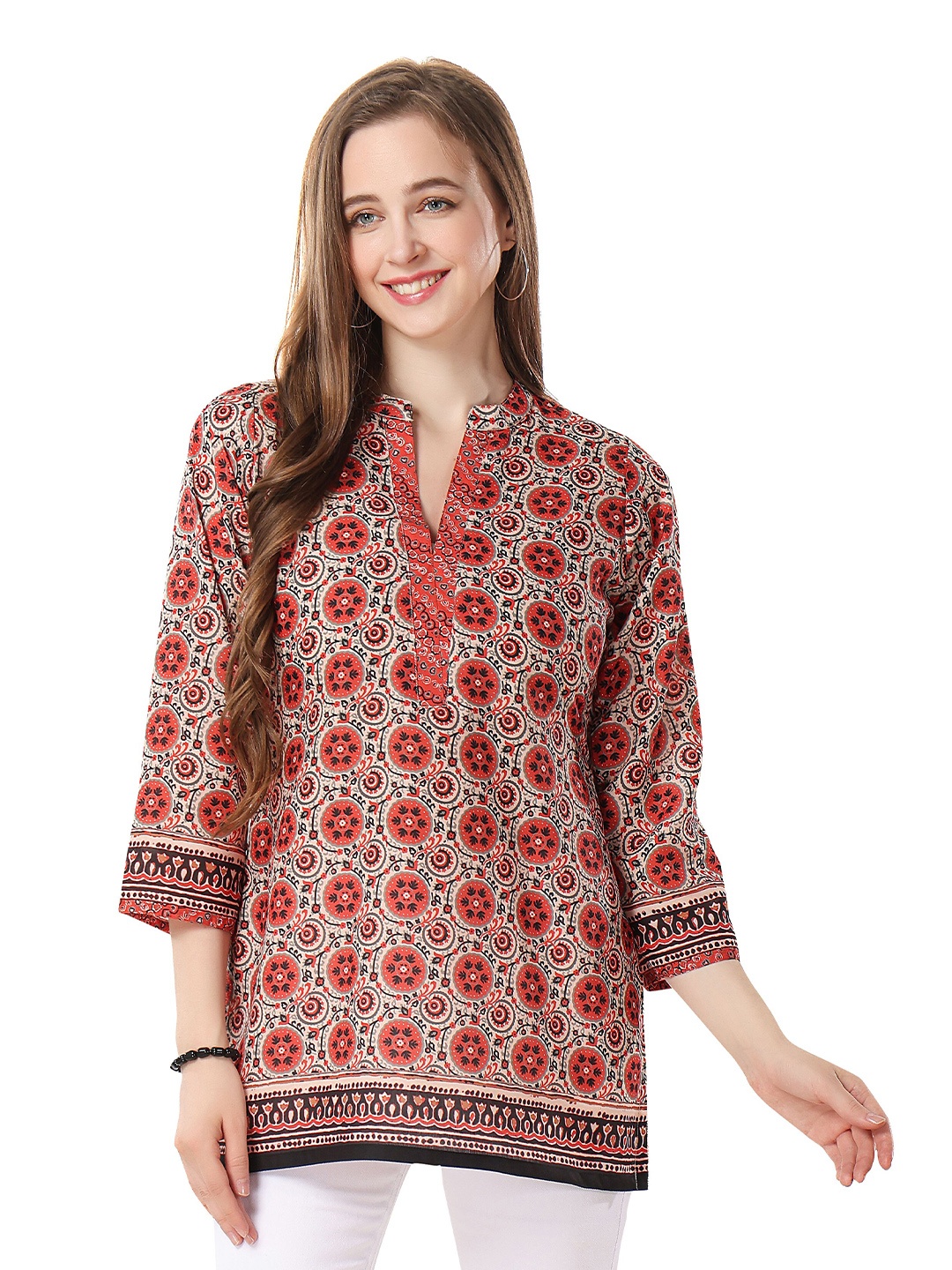 

keshubaba Ethnic Motifs Printed Mandarin Collar Cotton Tunic, Beige