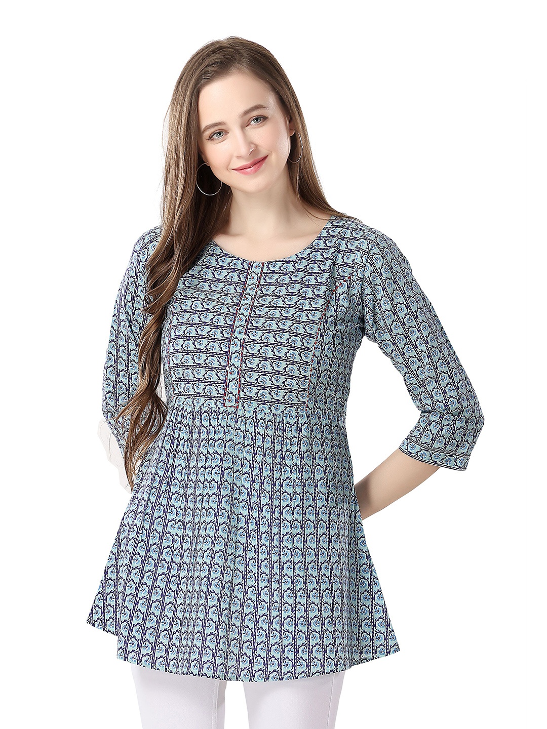 

keshubaba Floral Printed Round Neck Cotton Tunic, Blue