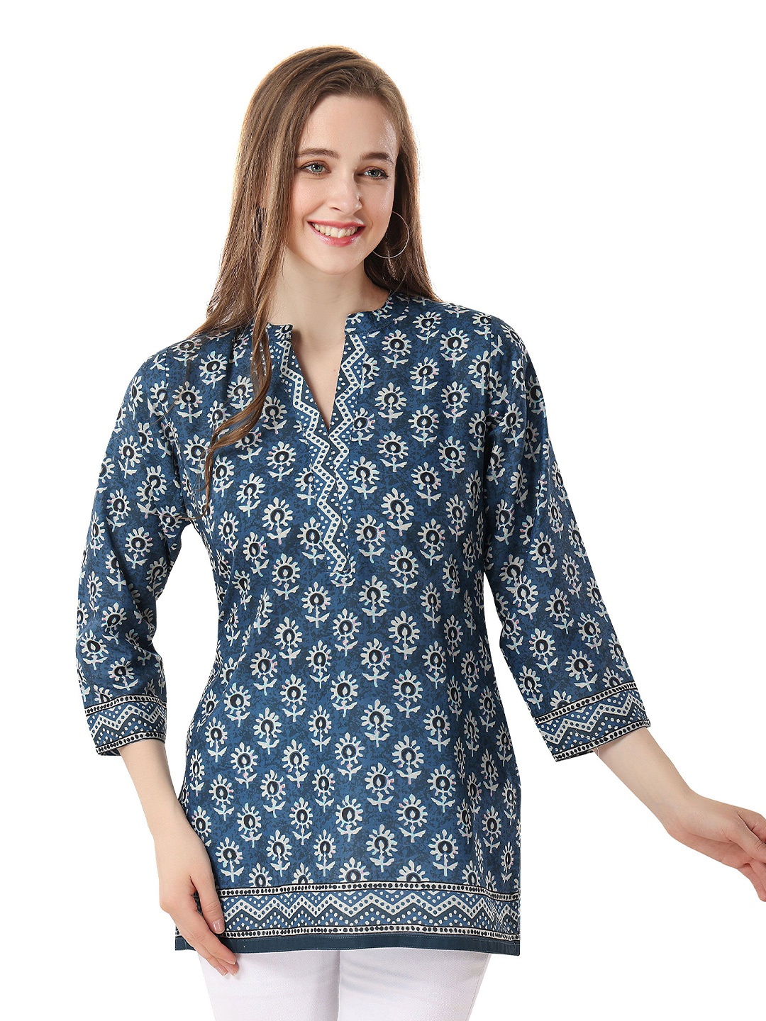 

keshubaba Floral Printed Mandarin Collar Pure Cotton Tunic, Blue