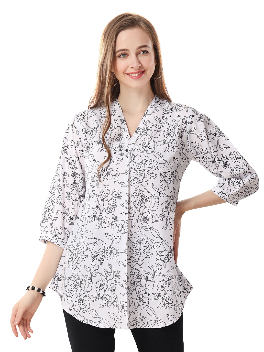 

keshubaba Floral Printed V-Neck Tunic, White