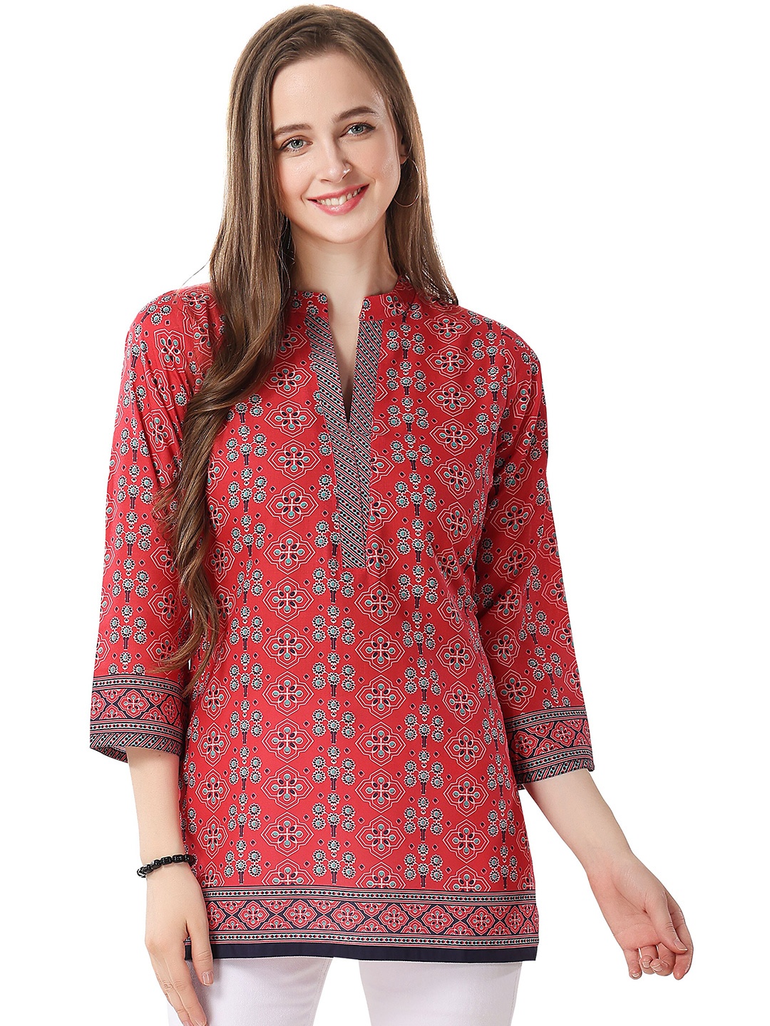 

keshubaba Ethnic Motifs Printed Mandarin Collar Pure Cotton Tunic, Red