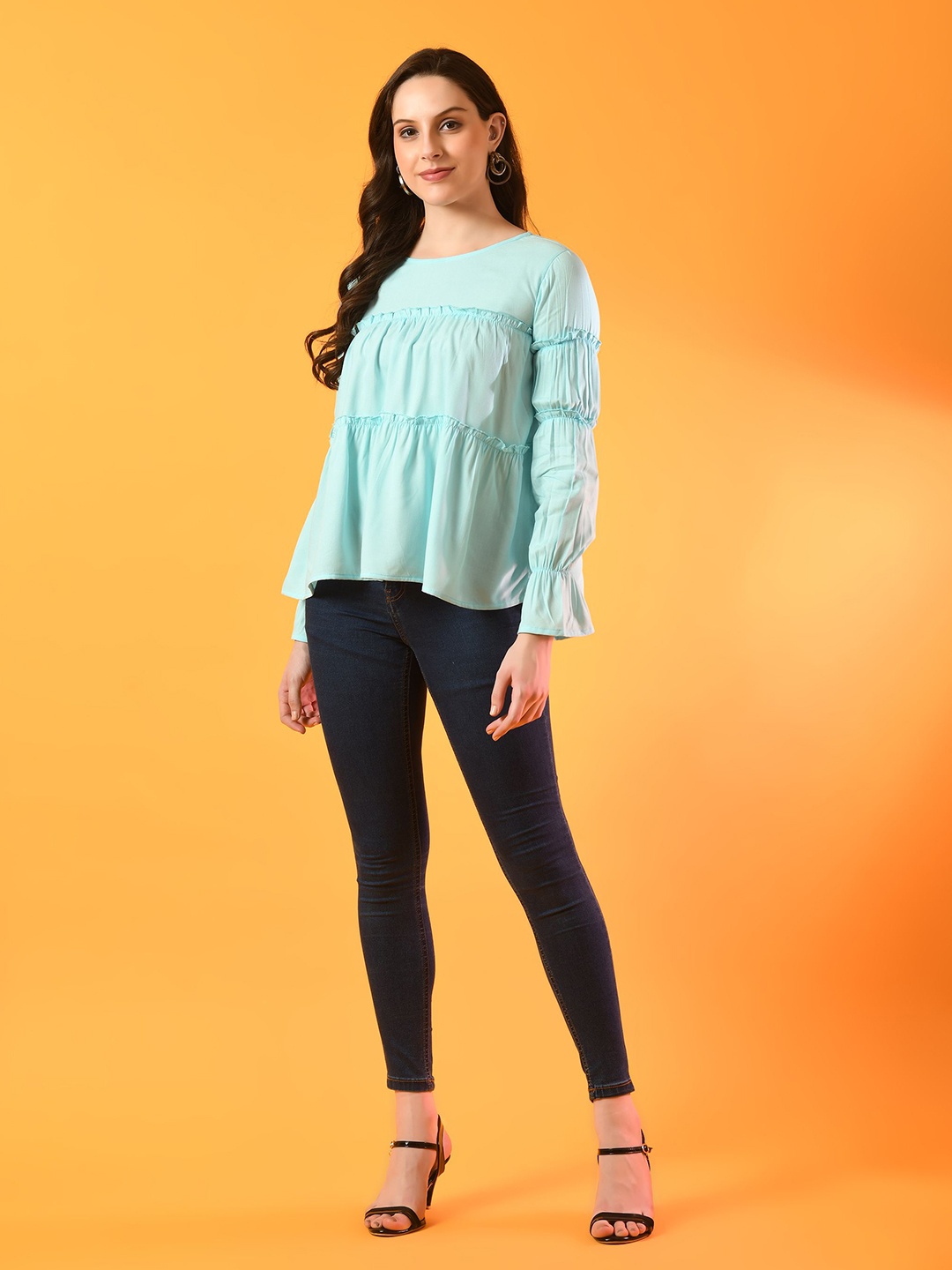 

ANNSH APPAREL Round Neck Bell Sleeve Top, Blue