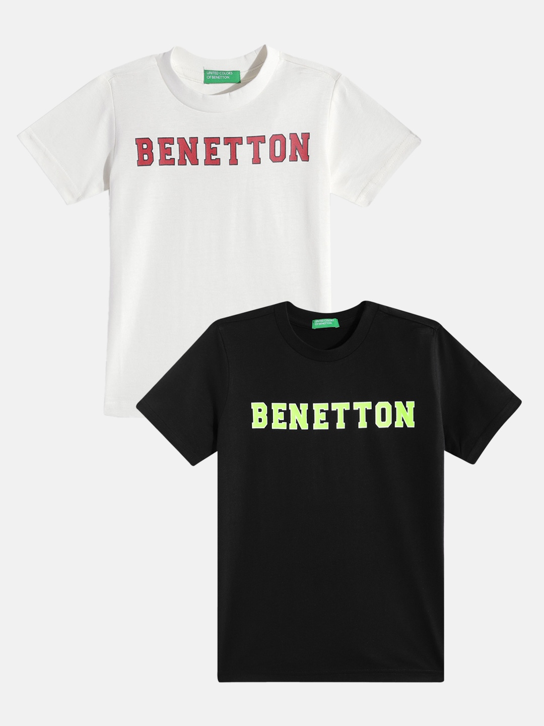 

United Colors of Benetton Boys Pure Cotton Pack Of 2 Brand Logo Printed T-shirt, Black
