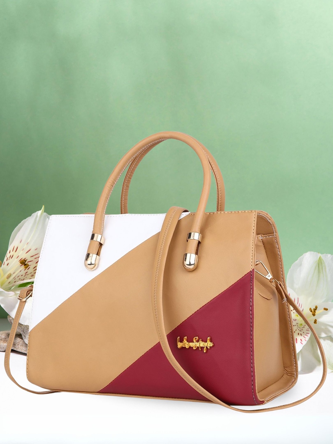 

LIKE STYLE Colourblocked Structured Handheld Bag, Beige