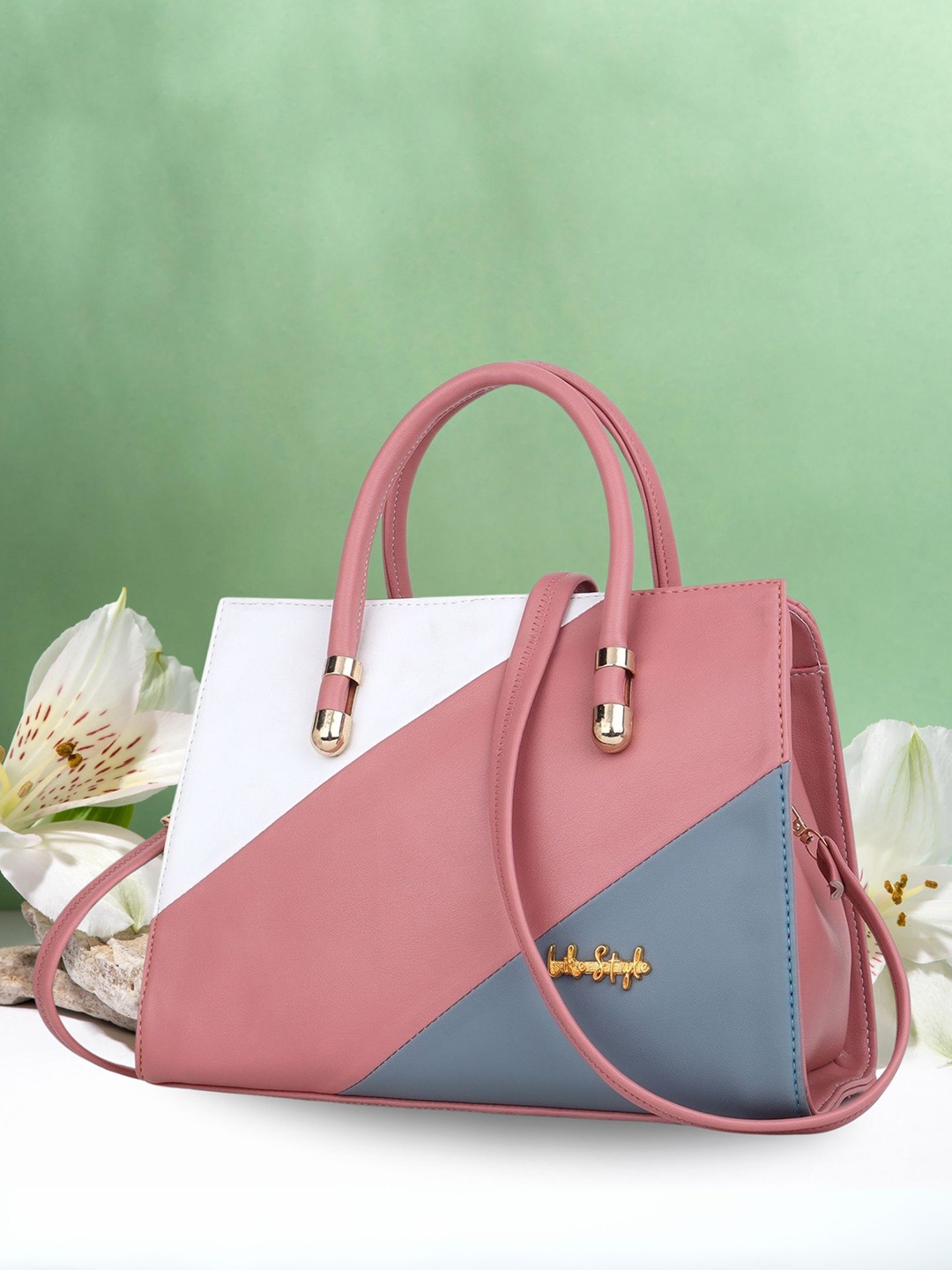 

LIKE STYLE Colourblocked Structured Handheld Bag, Pink