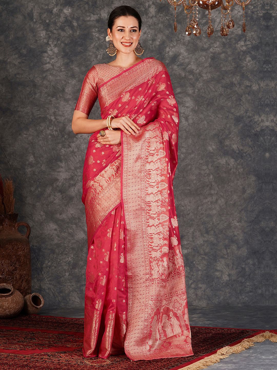 

Satrani Floral Zari Banarasi Saree, Pink