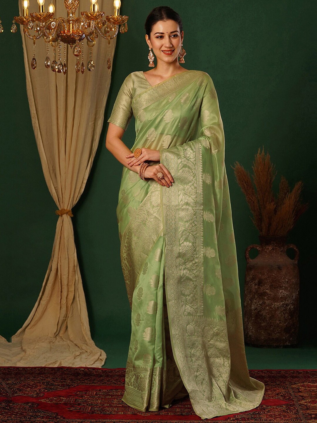 Satrani Floral Zari Banarasi Saree, Lime green