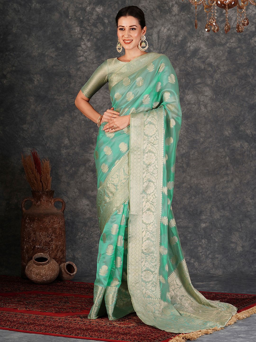 

Satrani Woven Design Zari Banarasi Saree, Green