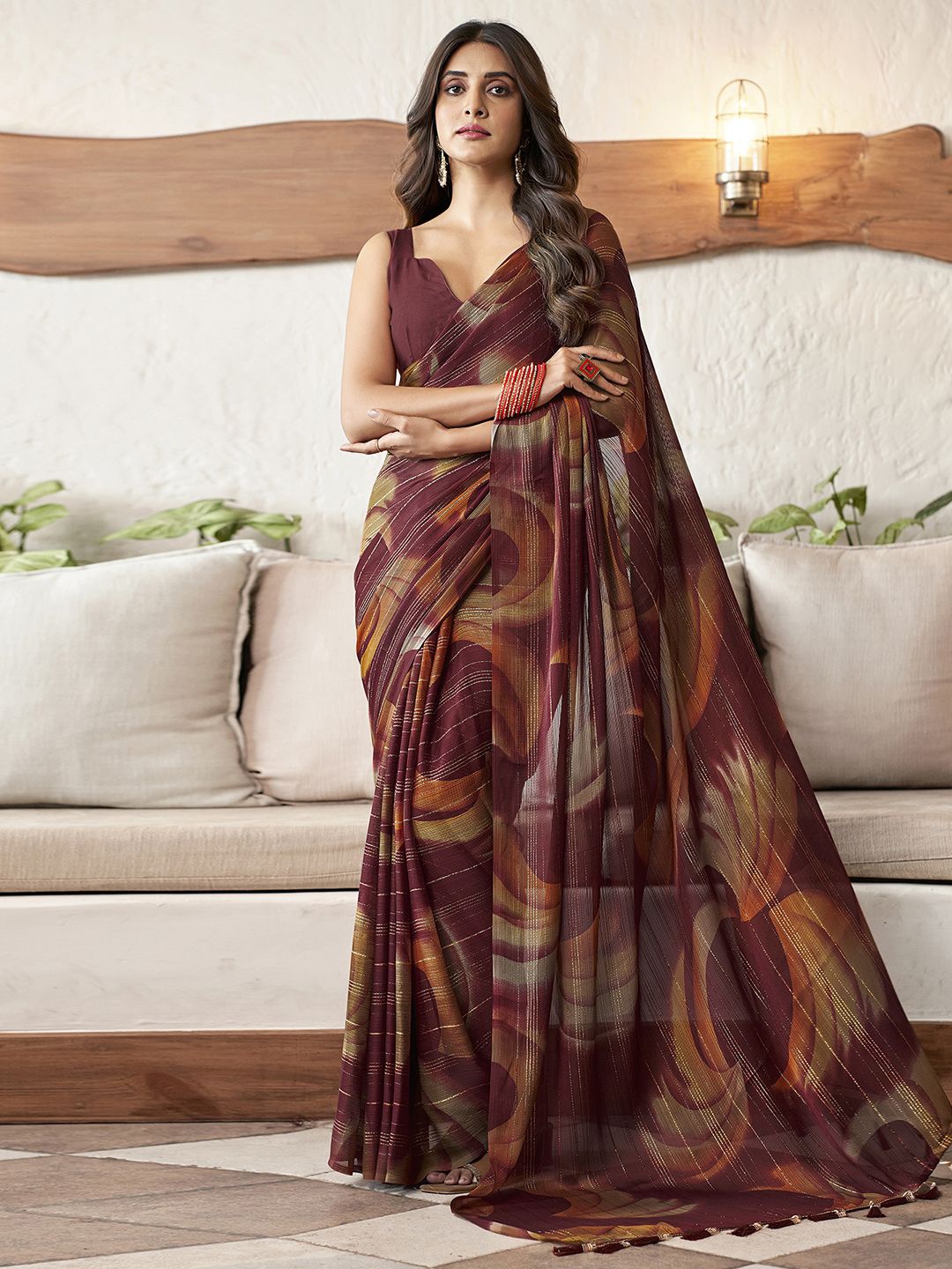 

Satrani Striped Zari Pure Georgette Saree, Maroon