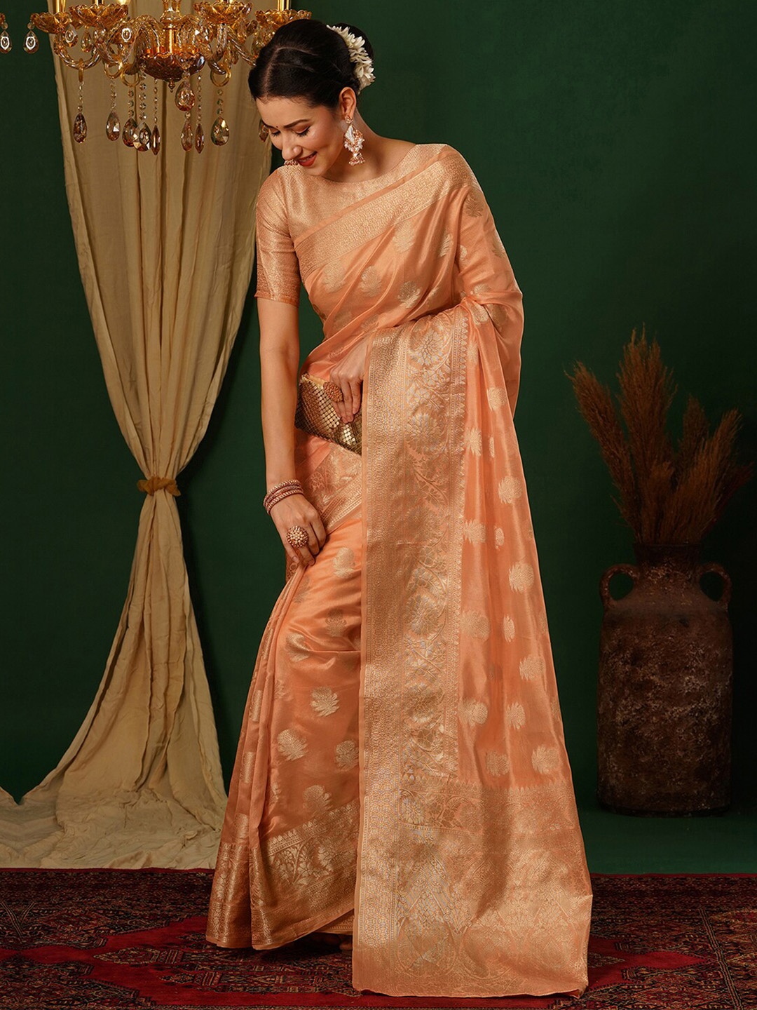 

Satrani Zari Woven Design Banarasi Saree, Orange