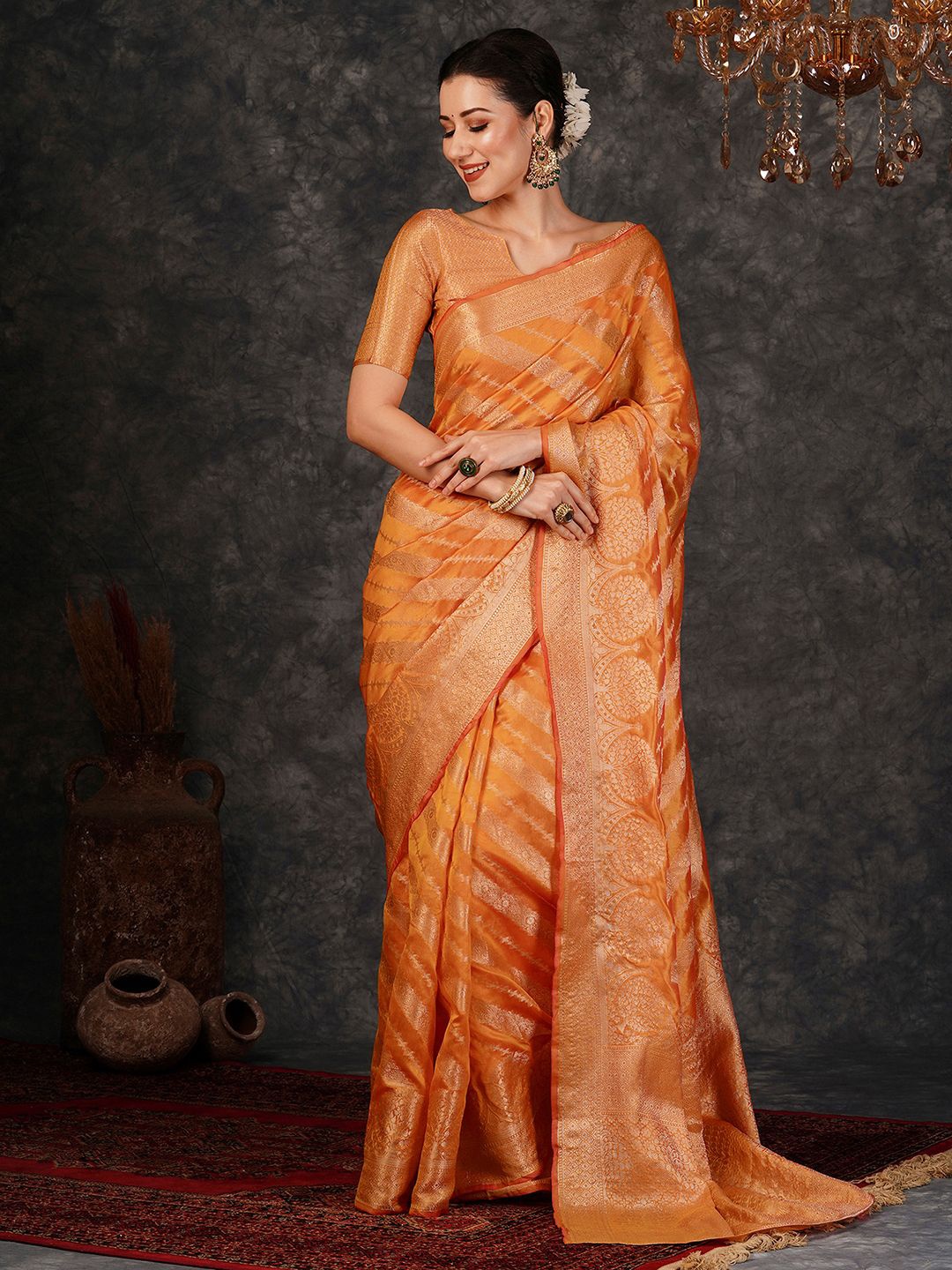 

Satrani Floral Zari Banarasi Saree, Yellow