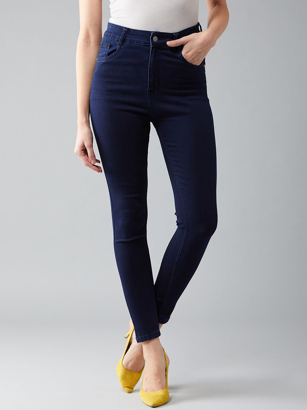 

DOLCE CRUDO Women Skinny Fit High-Rise Cropped Stretchable Jeans, Navy blue