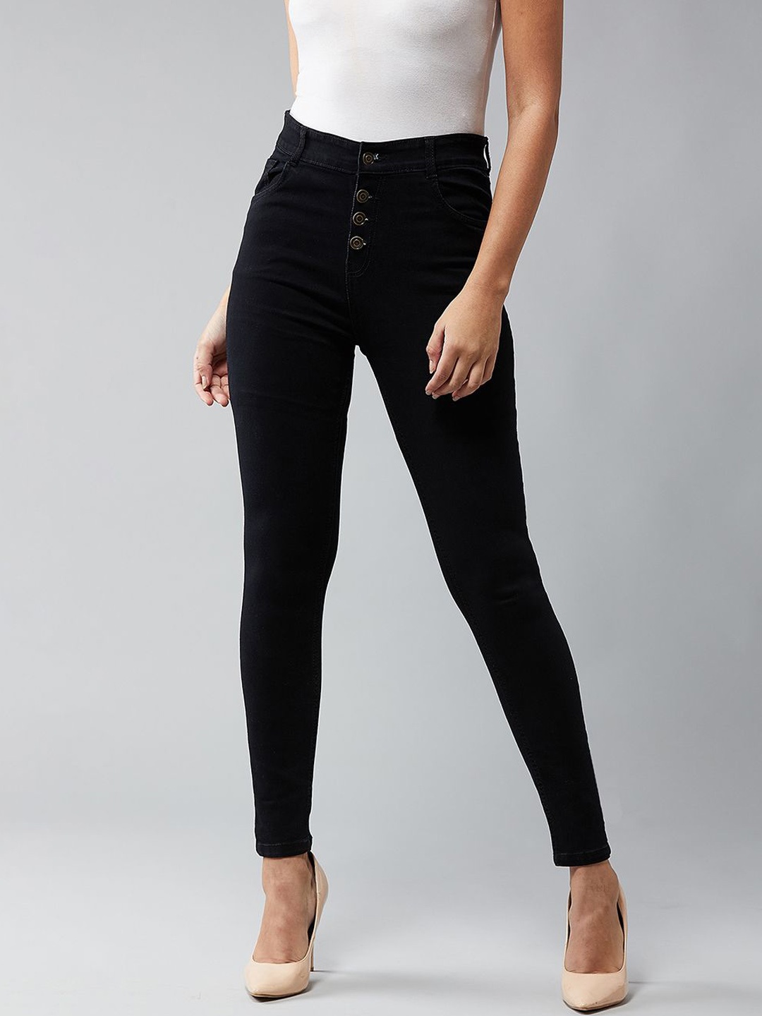 

DOLCE CRUDO Women Skinny Fit High-Rise Clean Look Stretchable Jeans, Black