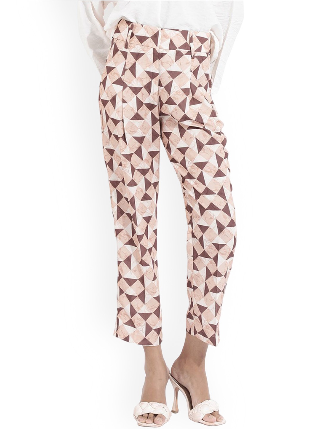 

RAREISM Women Geometric Printed Tapered Fit Cotton High-Rise Trousers, Brown