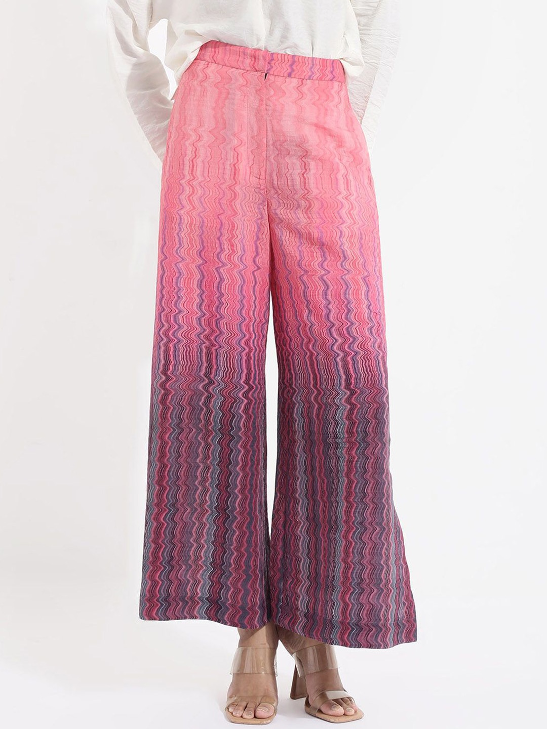 

RAREISM Women Ombre Printed Flared High-Rise Cotton Trousers, Pink