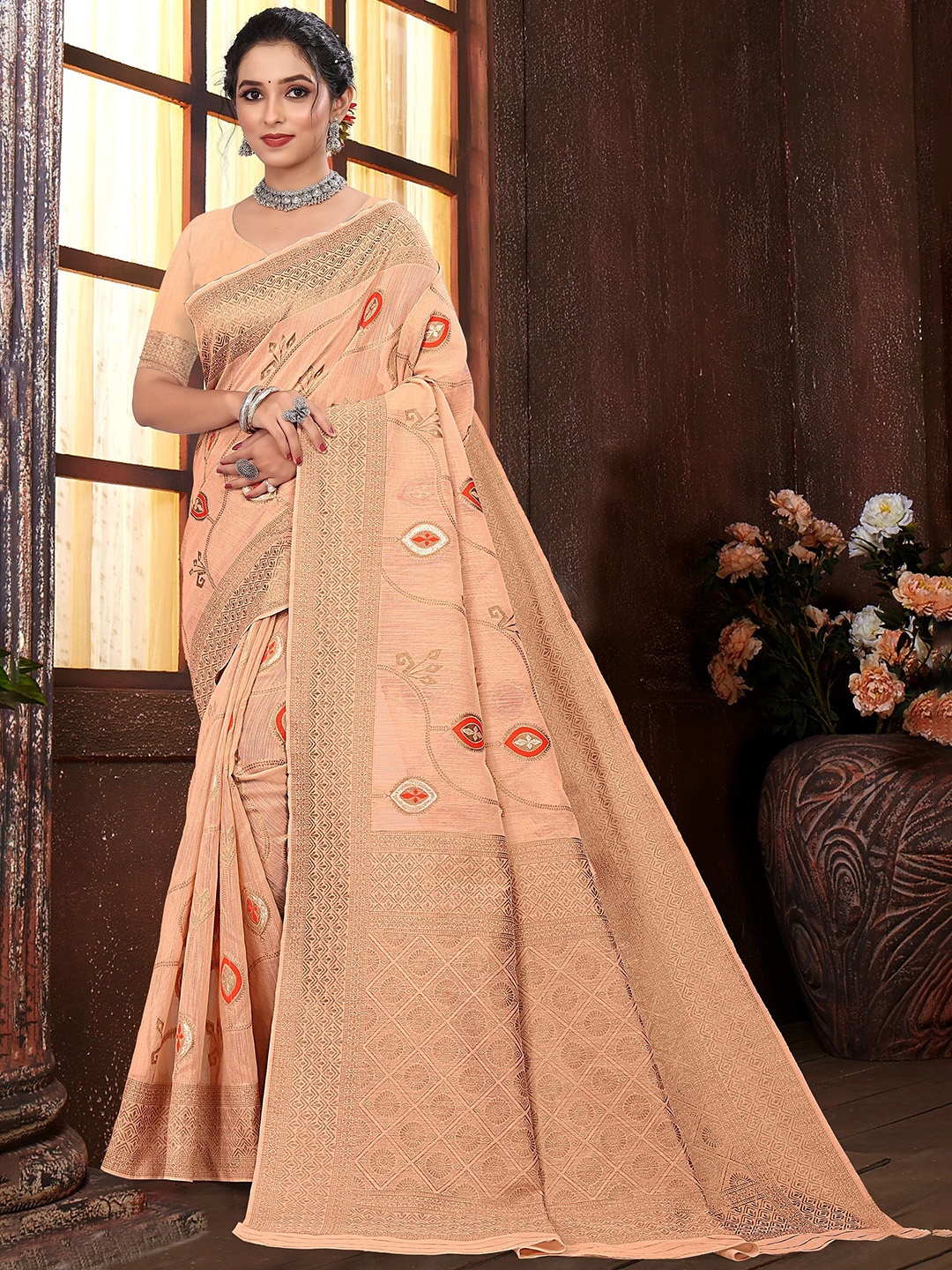 

RUDIT CREATION Woven Design Zari Saree, Peach