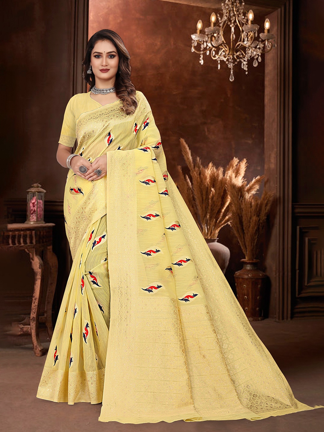 

RUDIT CREATION Ethnic Motifs Zari Saree, Yellow