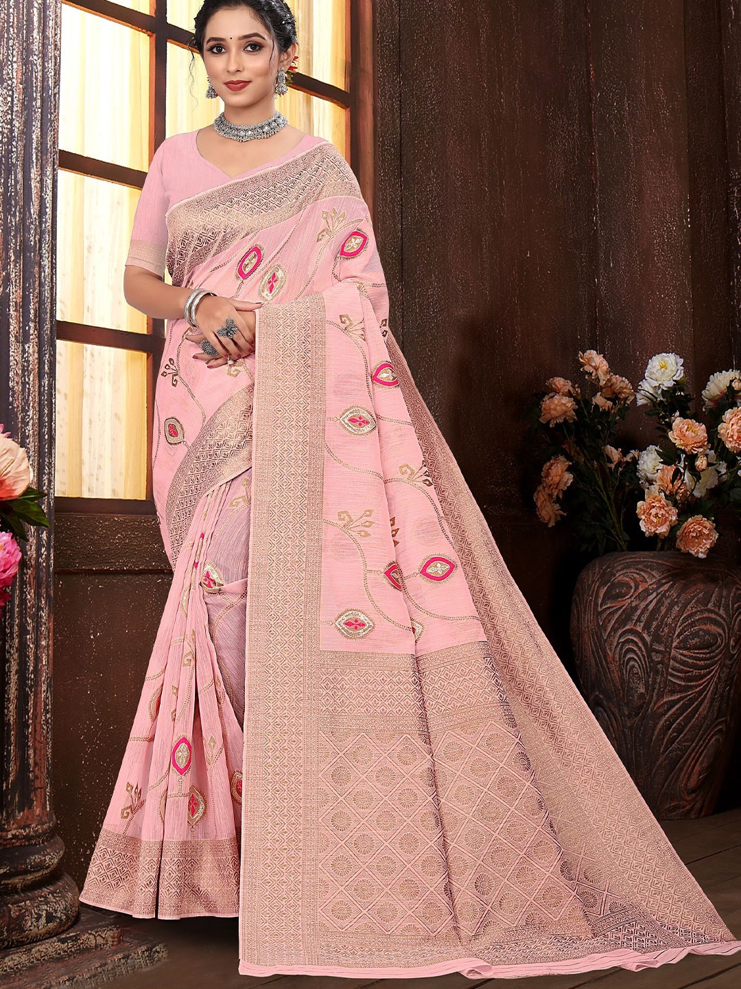 

RUDIT CREATION Floral Woven Design Zari Linen Blend Saree, Pink