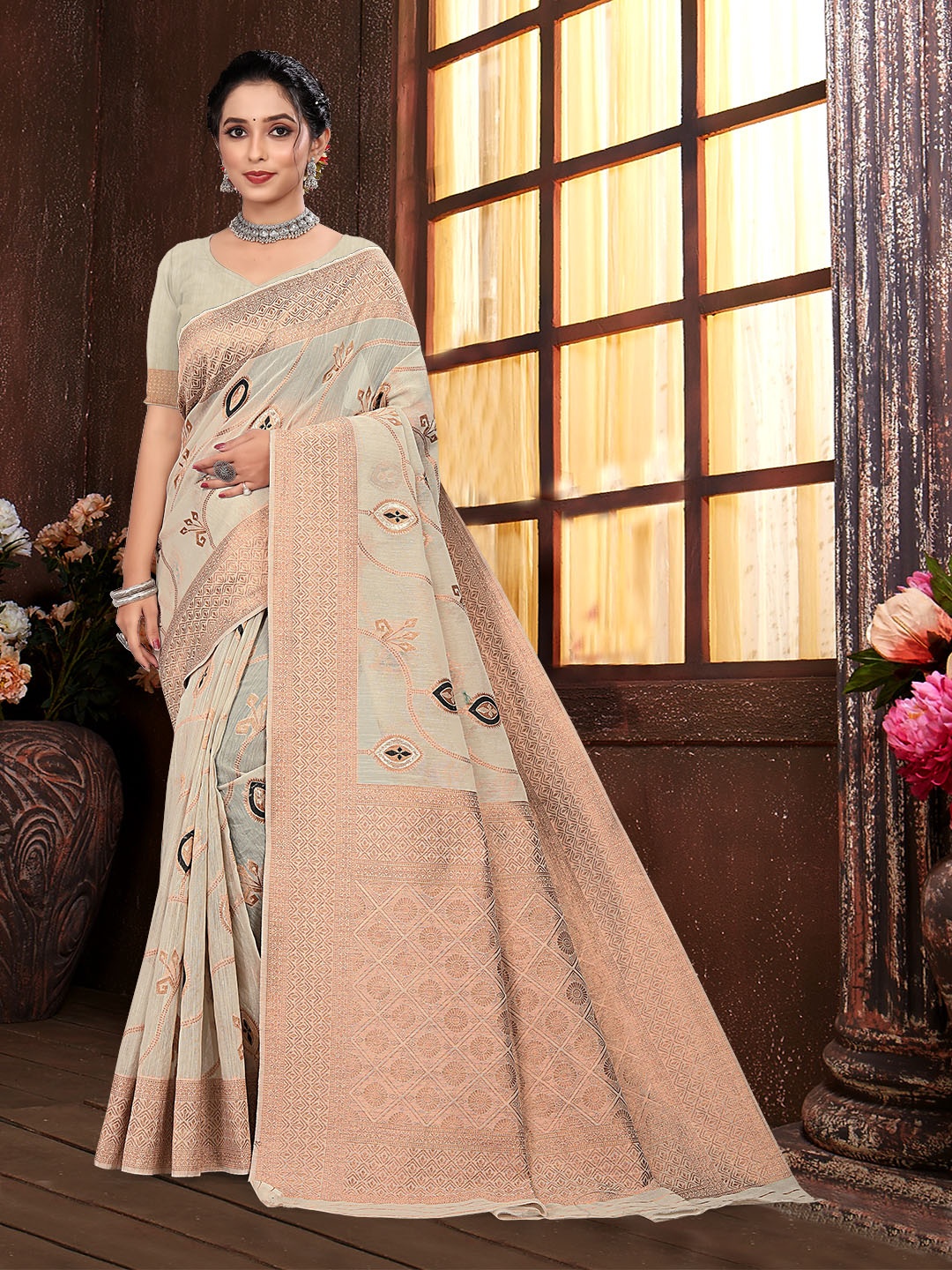 

RUDIT CREATION Woven Design Zari Saree, Grey
