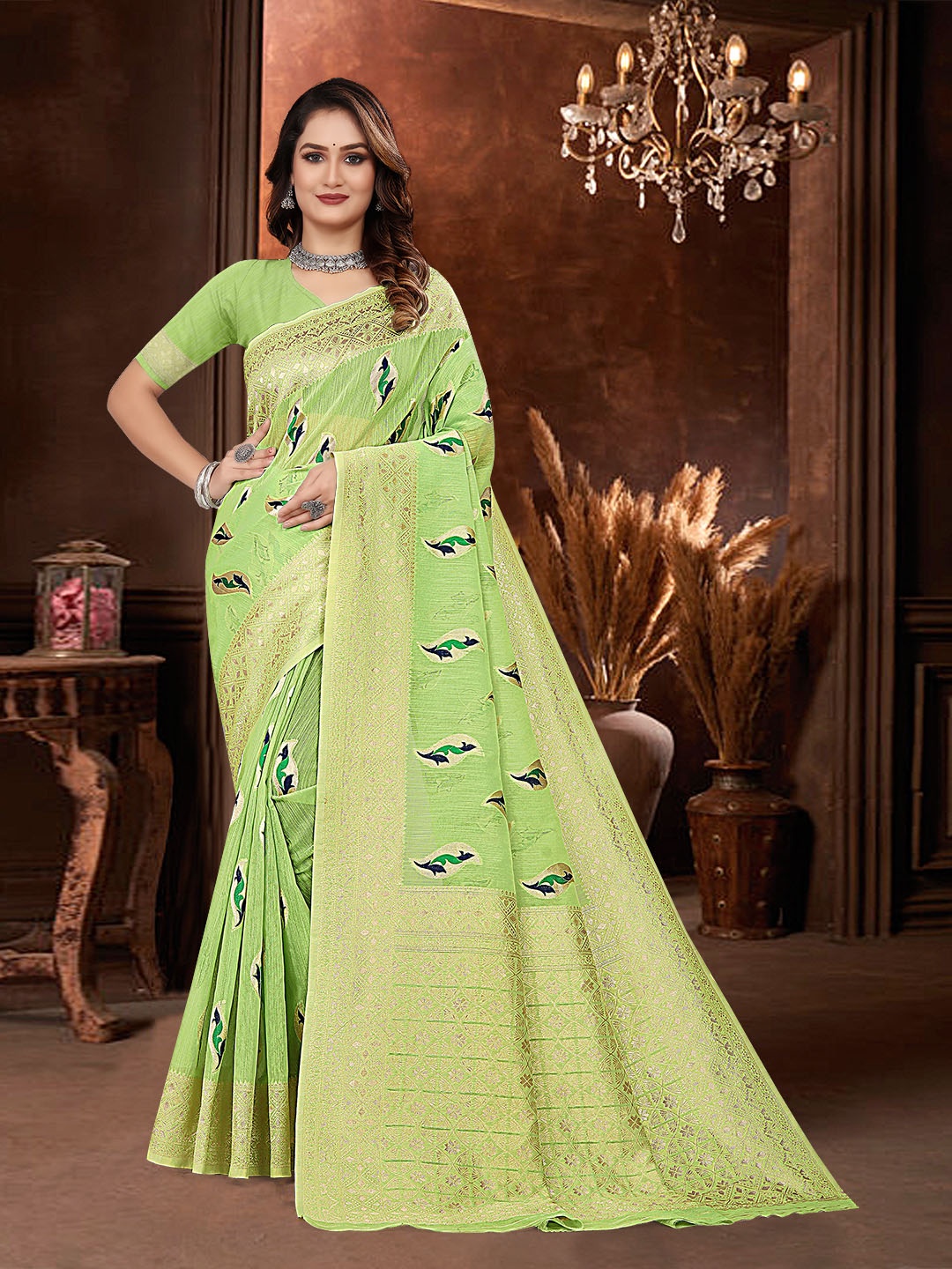 

RUDIT CREATION Floral Zari Saree, Green