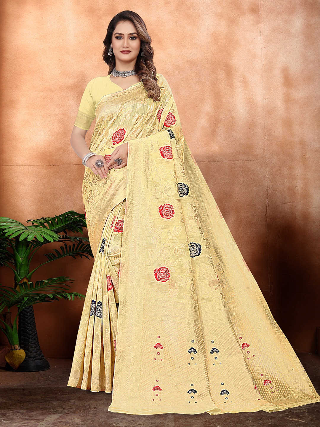 

RUDIT CREATION Floral Woven Design Zari Saree, Yellow