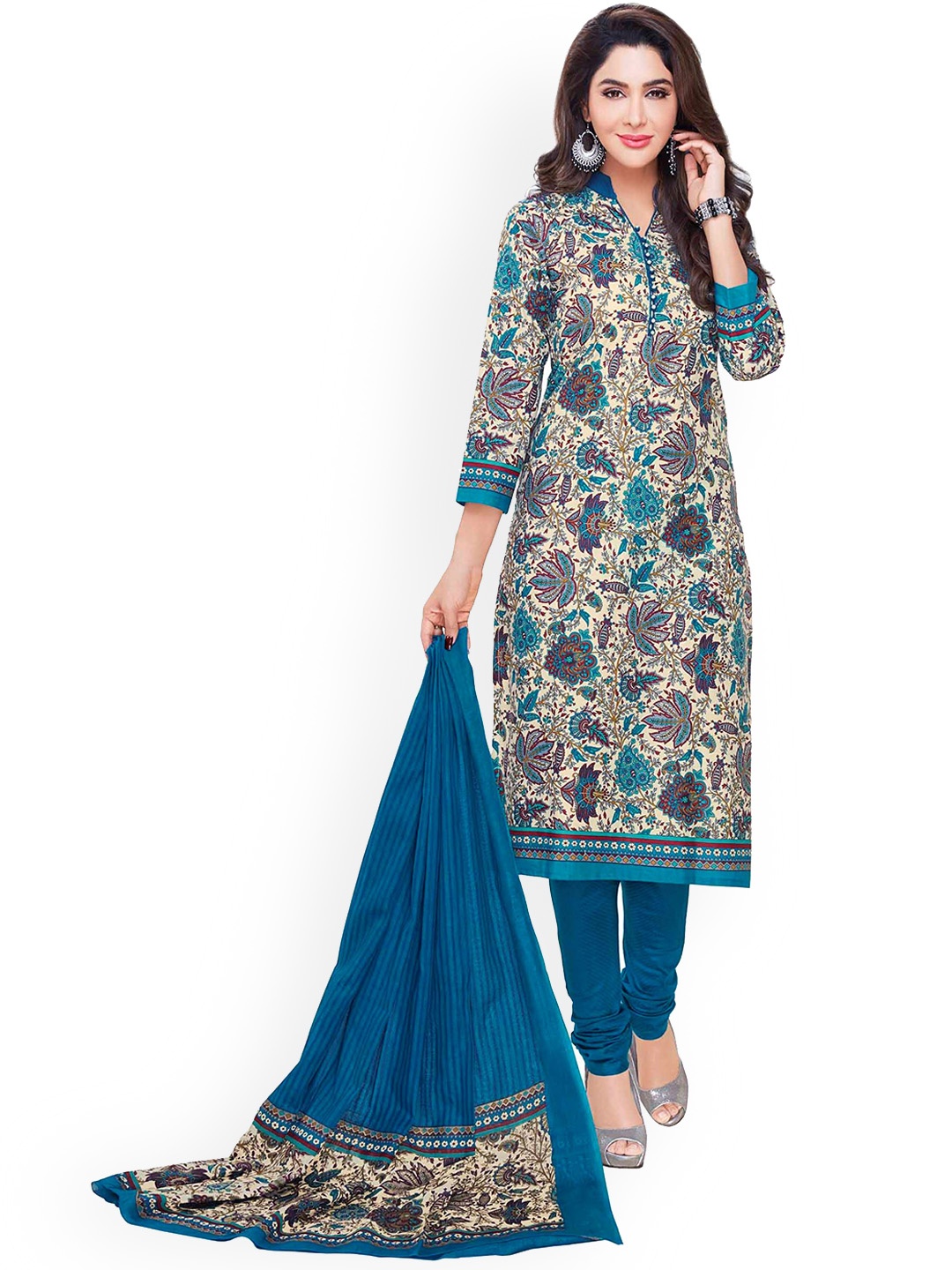 

MIRAAN Mandarin Collar Floral Cotton Kurta with Pant & Dupatta, Blue