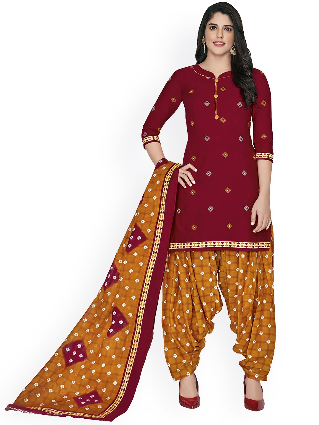 

MIRAAN Notched Neck Floral Printed Regular Pure Cotton Kurta with Patiala & Dupatta, Red