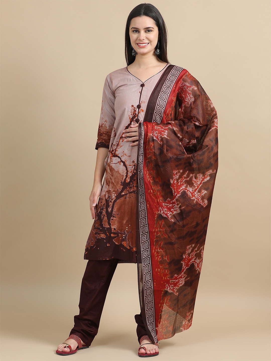 

MIRAAN Floral Printed Regular Pure Cotton Kurta with Trousers & Dupatta, Brown