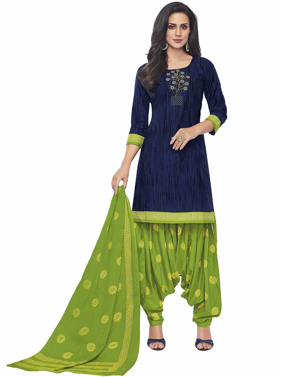 

MIRAAN Round Neck Floral Printed Pure Cotton Straight Kurta with Patiala & Dupatta, Blue