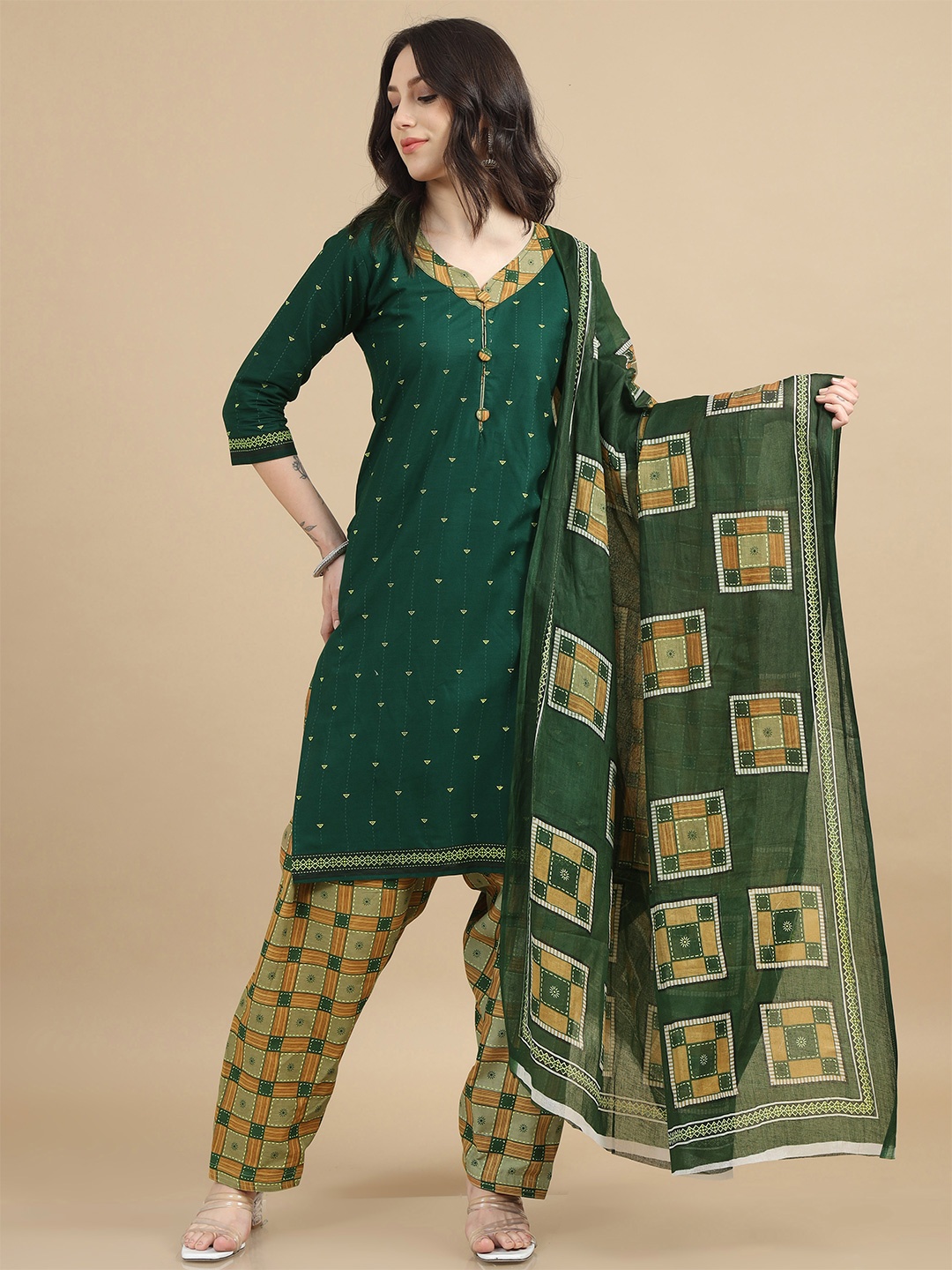 

MIRAAN Ethnic Motifs Printed Regular Pure Cotton Kurta with Patiala & Dupatta, Green