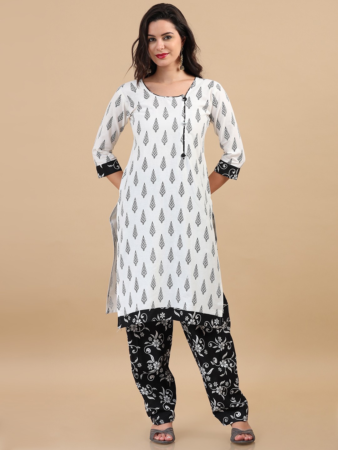 

MIRAAN Round Neck Floral Printed Pure Cotton Straight Kurta with Patiala & Dupatta, White