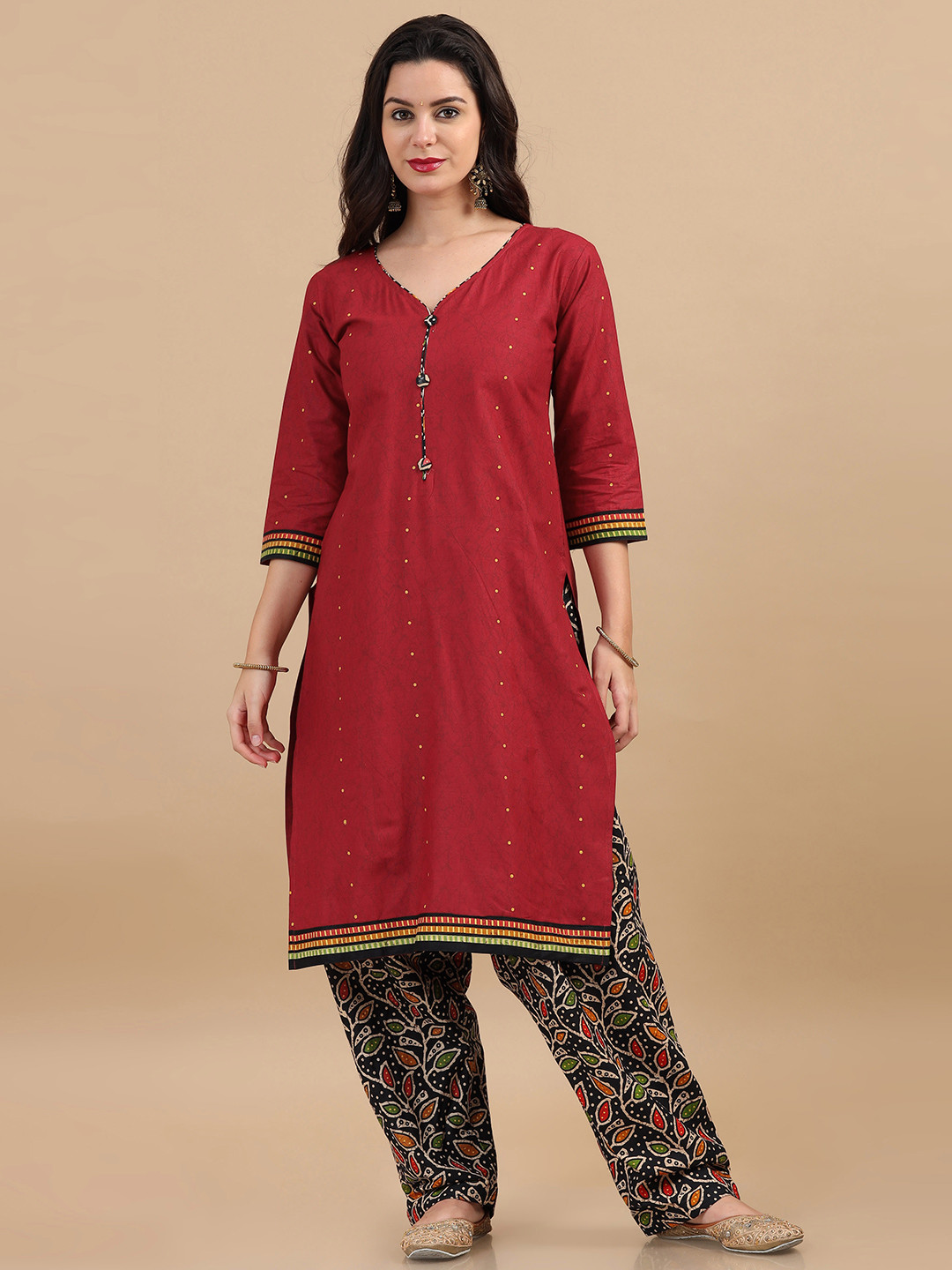 

MIRAAN V Neck Ethnic Motifs Printed Pure Cotton Straight Kurta with Patiala & Dupatta, Red