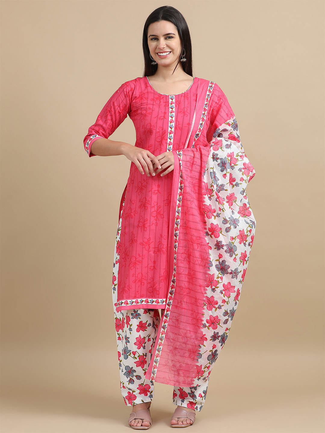 

MIRAAN Floral Printed Regular Pure Cotton Kurta with Patiala & Dupatta, Pink