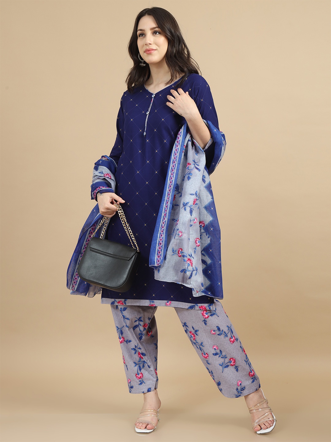 

MIRAAN Floral Printed Regular Pure Cotton Kurta with Patiala & Dupatta, Blue