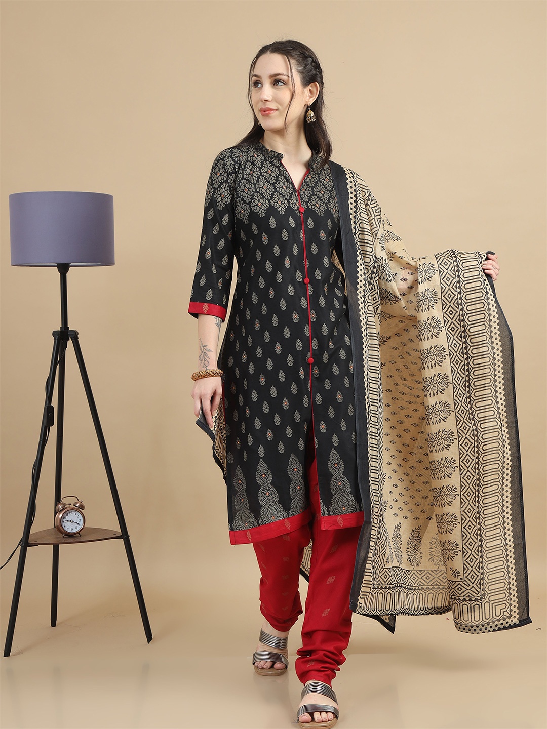 

MIRAAN Ethnic Motifs Printed Regular Pure Cotton Kurta with Patiala & Dupatta, Black