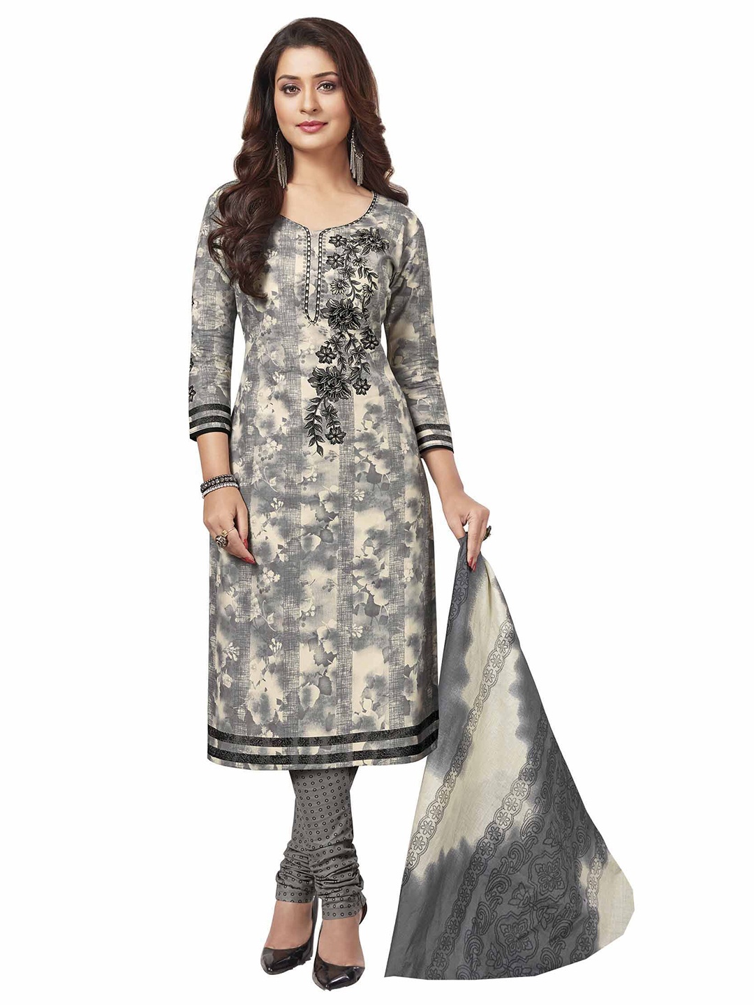 

MIRAAN Floral Printed Cotton Kurta with Pant & Dupatta, Grey