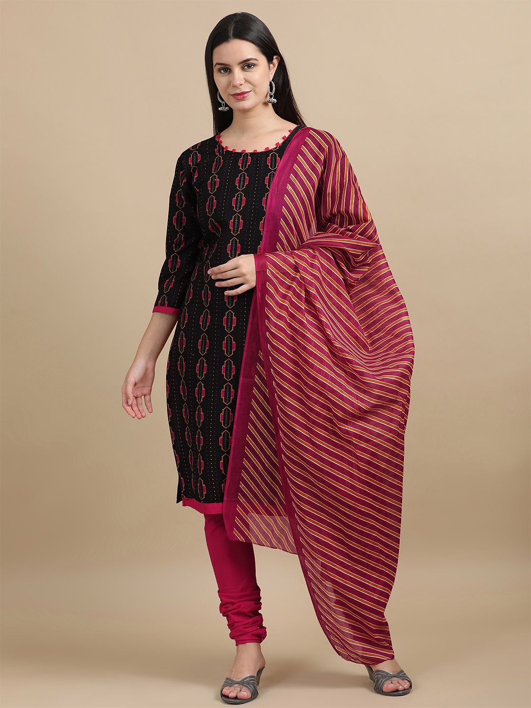 

MIRAAN Printed Cotton Kurta with Pant & Dupatta, Black