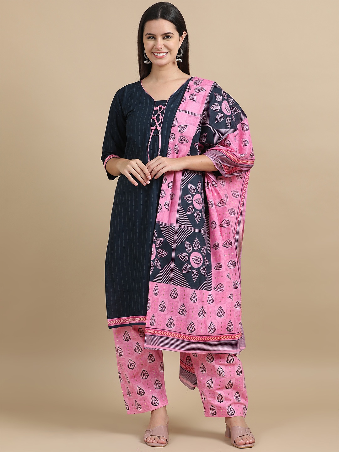 

MIRAAN Floral Printed Regular Pure Cotton Kurta with Patiala & Dupatta, Blue