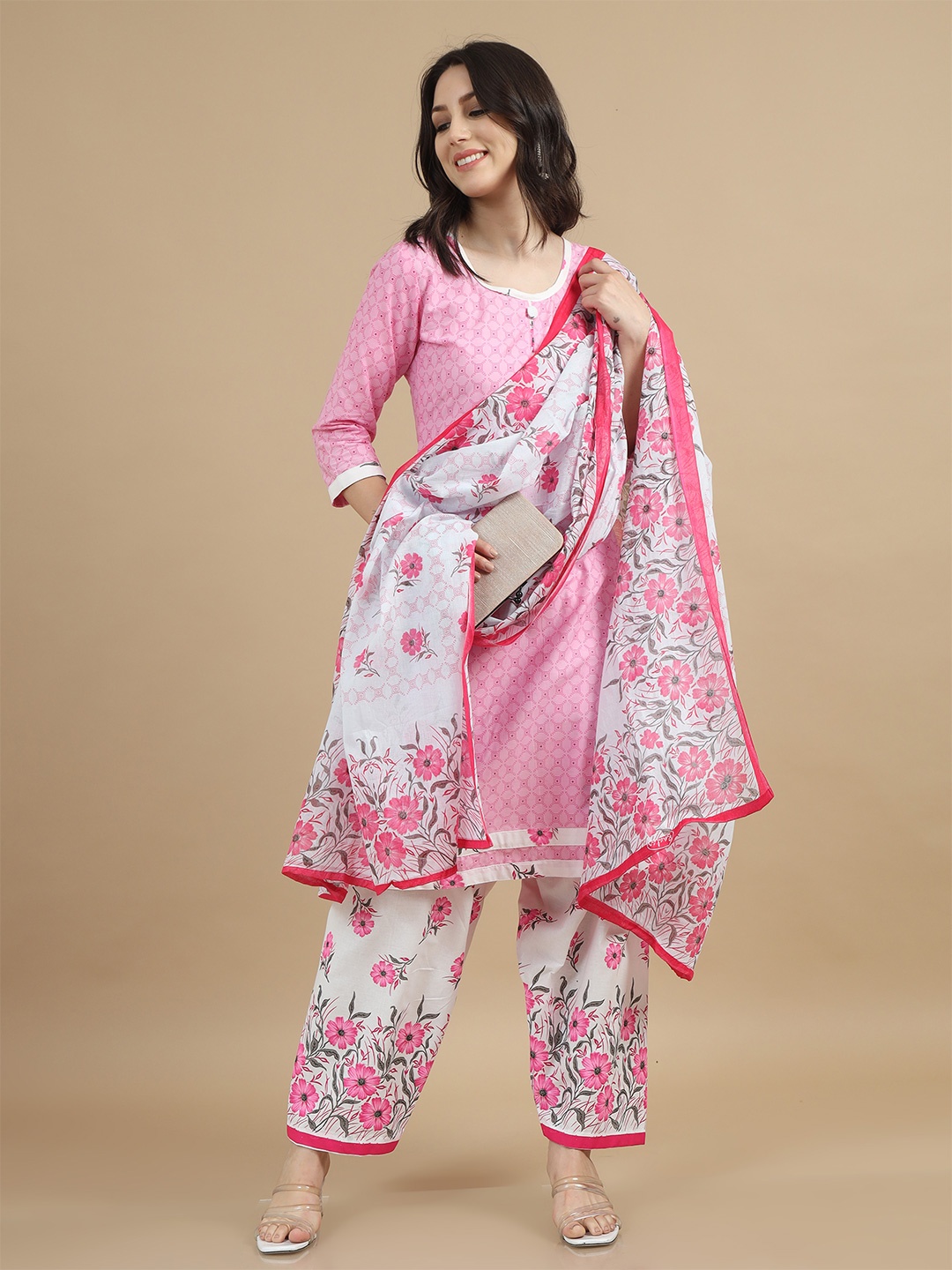 

MIRAAN Floral Printed Regular Pure Cotton Kurta with Patiala & Dupatta, Pink