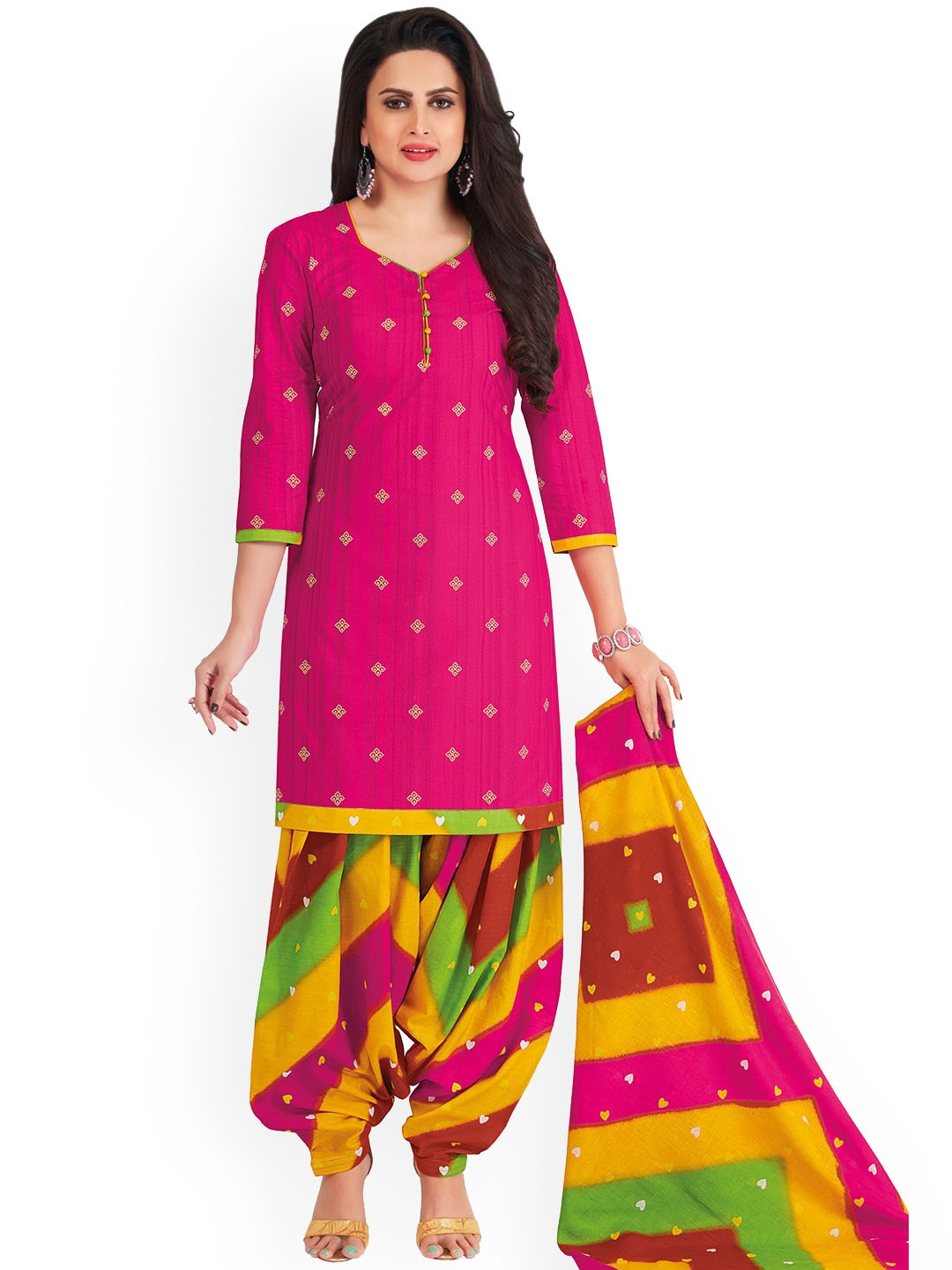 

MIRAAN V Neck Floral Printed Pure Cotton Straight Kurta with Patiala & Dupatta, Pink