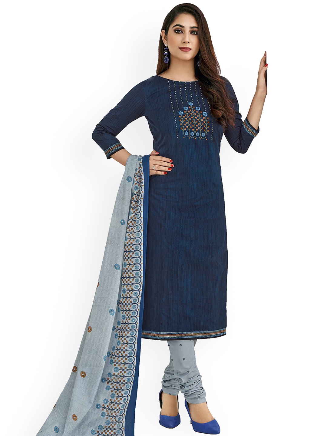 

MIRAAN Floral Cotton Kurta with Pant & Dupatta, Blue