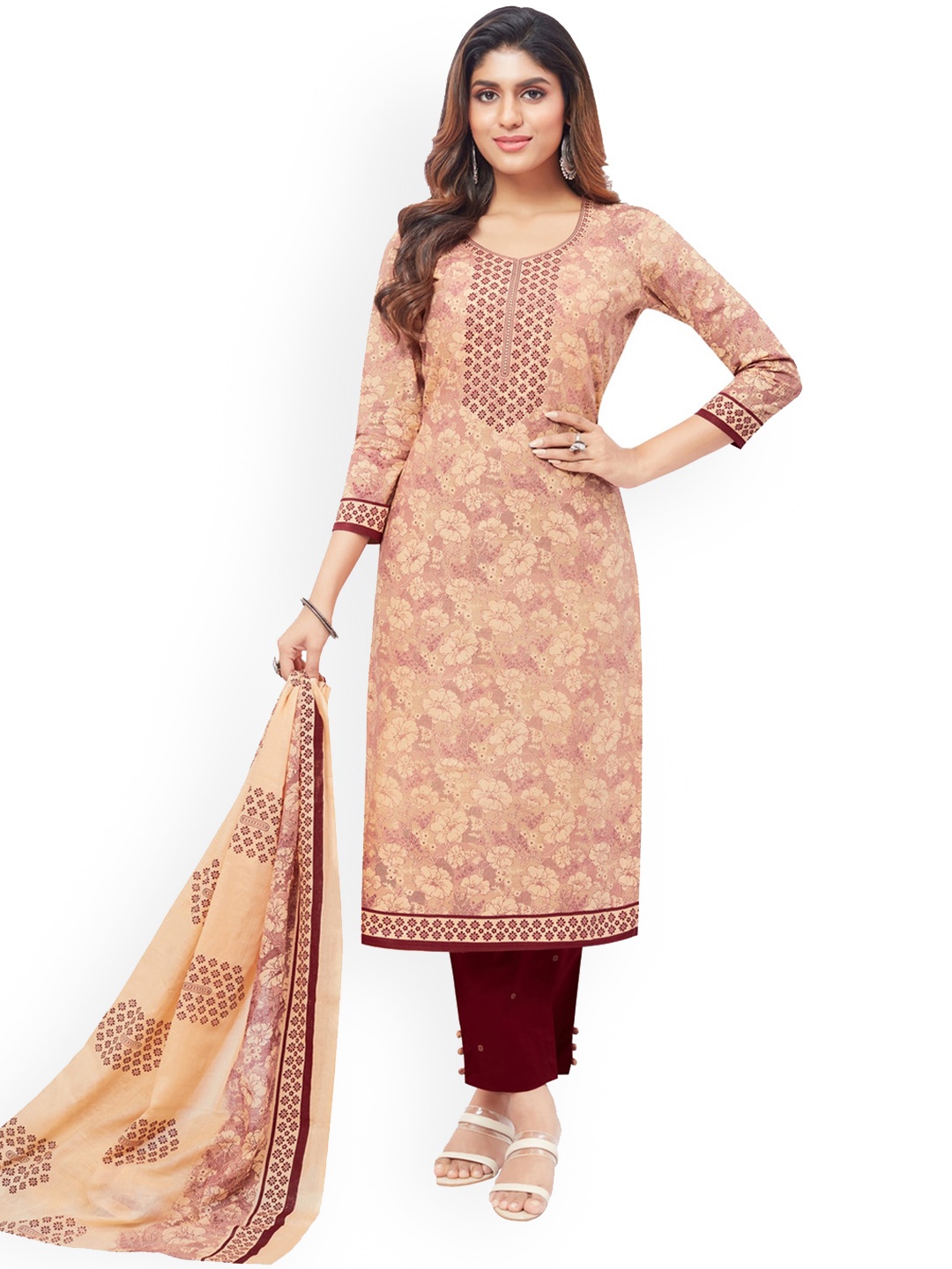 

MIRAAN Round Neck Floral Printed Pure Cotton Straight Kurta with Trouser & Dupatta, Beige