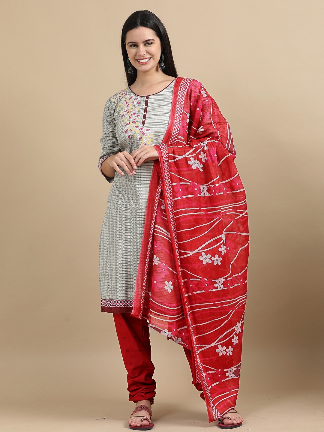 

MIRAAN Floral Cotton Kurta with Pant & Dupatta, Grey